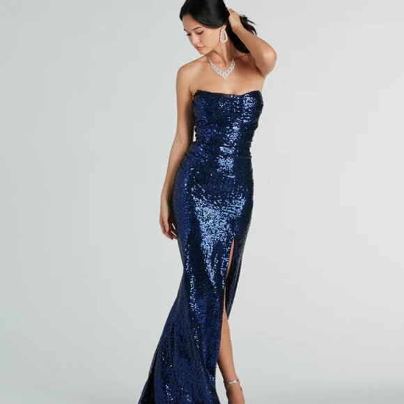 [BRAND NEW] Windsor Colette Formal Sequin Strapless High Slit Mermaid Dress - Picture 1 of 4
